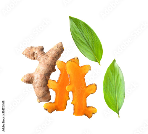 Cassumunar ginger with leaf on transparent png photo