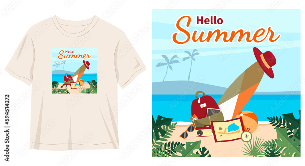 Fototapeta premium hello summer tshirt with colorful summer background
