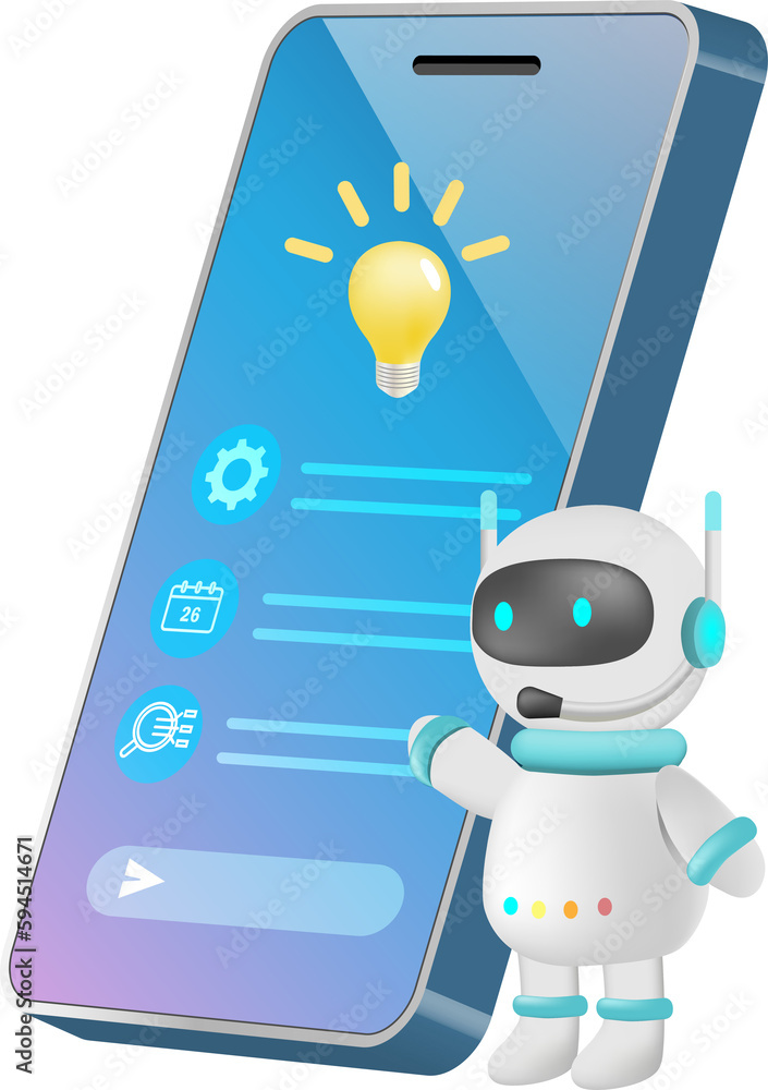 AI chat bot answer question and generate smart solution to user. Artificial intelligence robot give refinement conversation and ideas. 3D PNG.