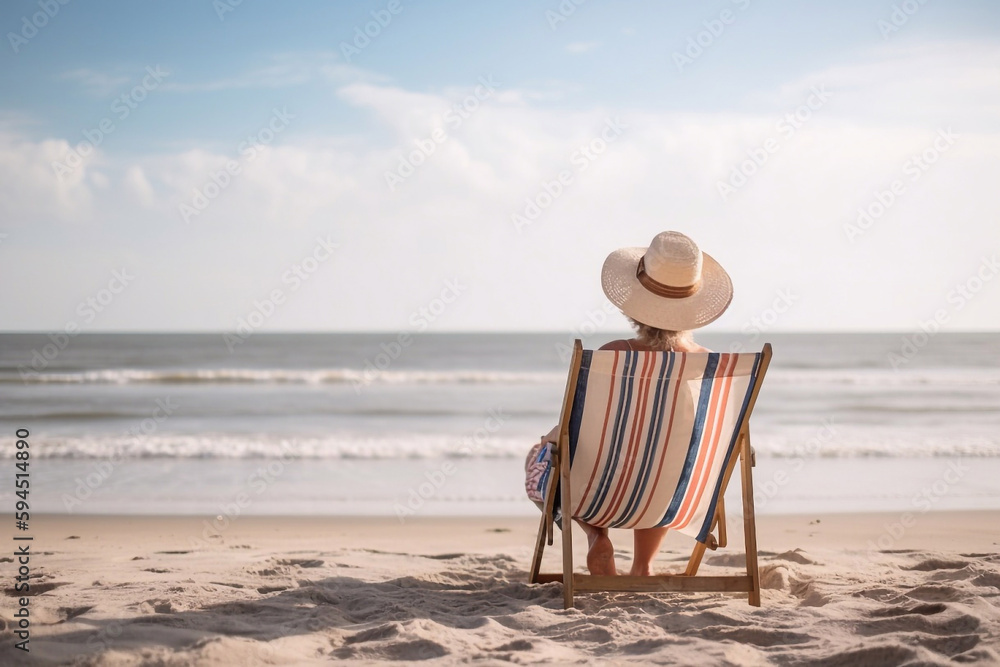 Vacation on the Beach Woman Sitting on a Beach Chair Looking at the ...