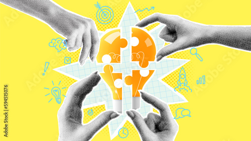 Teamwork concept banner. Halftone hands connect pieces of bulb puzzle. Symbol of teamwork, cooperation, partnership, creative idea or brainstorm. Vector illustration with paper cut out elements.
