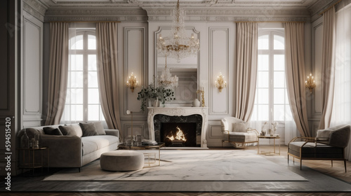 a classic living room with elegant fireplace, generative ai