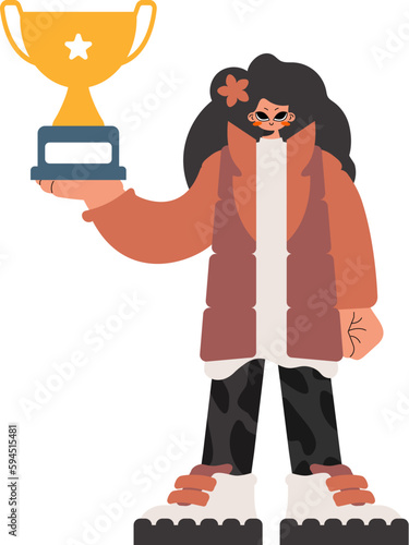 The energized lady holds the glass of the victor in her hands, kept on a white foundation. Trendy style, Vector Illustration © Javvani