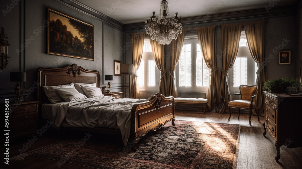 A classic vintage bedroom with a dark wood bedframe, generative ai