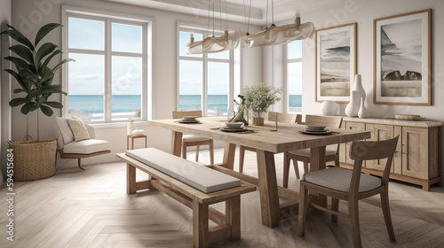 A coastal dining room with a large wooden table, generative ai