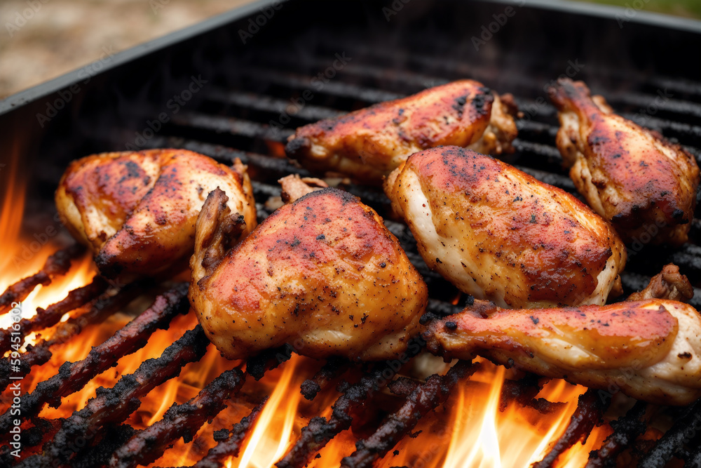 Grilled chicken wings with sweet and sour sauce on a white plate.Grilled sausages , Delicious barbecue ribs. Generative AI