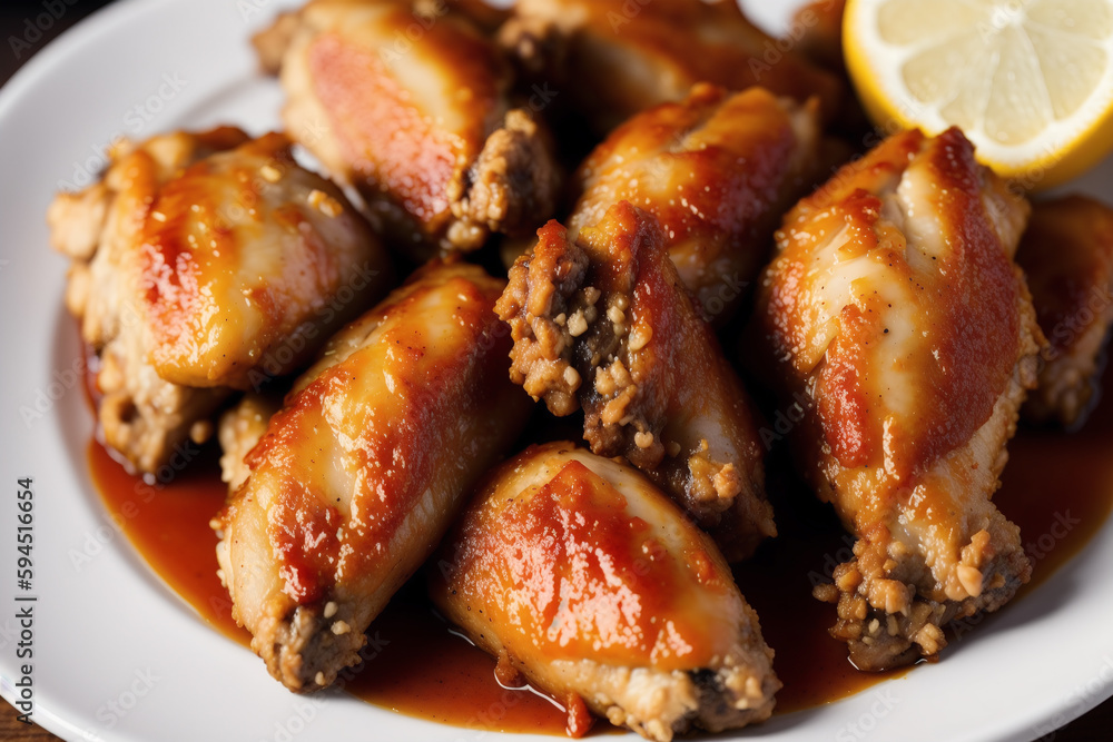 Grilled chicken wings with sweet and sour sauce on a white plate.Grilled sausages , Delicious barbecue ribs. Generative AI Grilled chicken wings with sweet and sour sauce on a white plate.Grilled sausages , Delicious barbecue ribs. Generative AI
