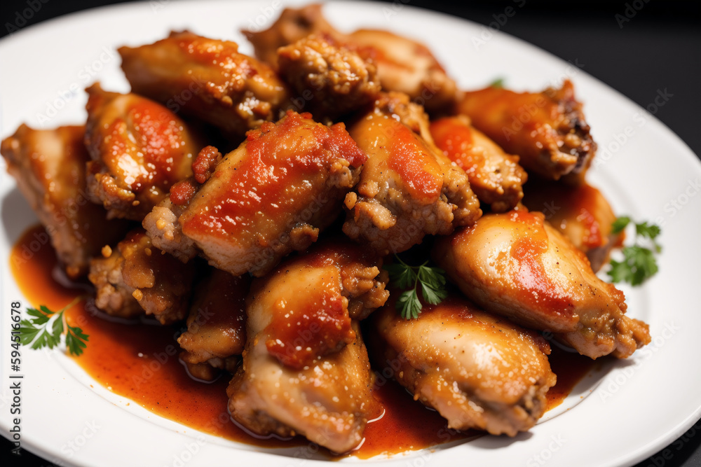 Grilled chicken wings with sweet and sour sauce on a white plate.Grilled sausages , Delicious barbecue ribs. Generative AI Grilled chicken wings with sweet and sour sauce on a white plate.Grilled sausages , Delicious barbecue ribs. Generative AI