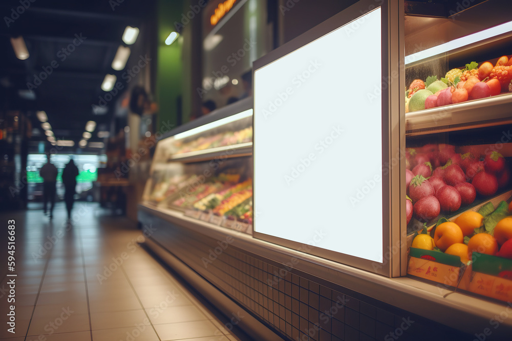 Blank white light box advertisement and supermarket blur background Blank white light box advertisement and supermarket blur background