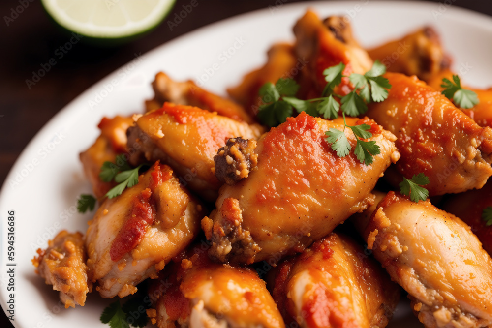 Grilled chicken wings with sweet and sour sauce on a white plate.Grilled sausages , Delicious barbecue ribs. Generative AI Grilled chicken wings with sweet and sour sauce on a white plate.Grilled sausages , Delicious barbecue ribs. Generative AI