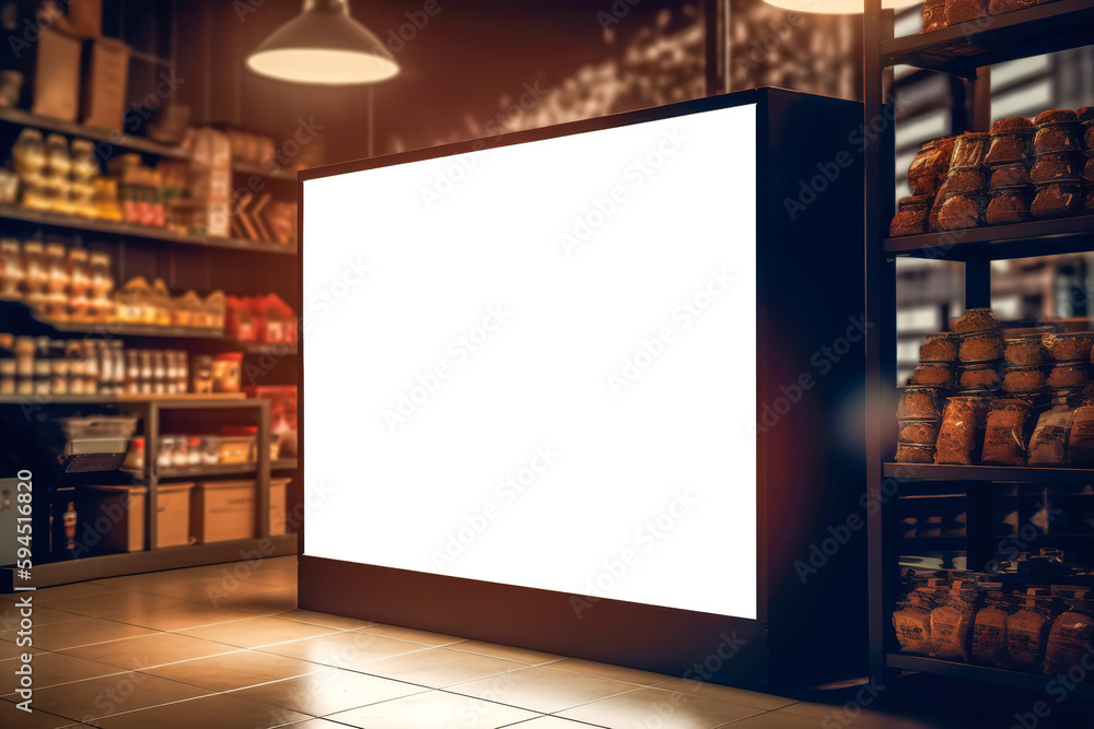 Blank white light box advertisement and supermarket blur background