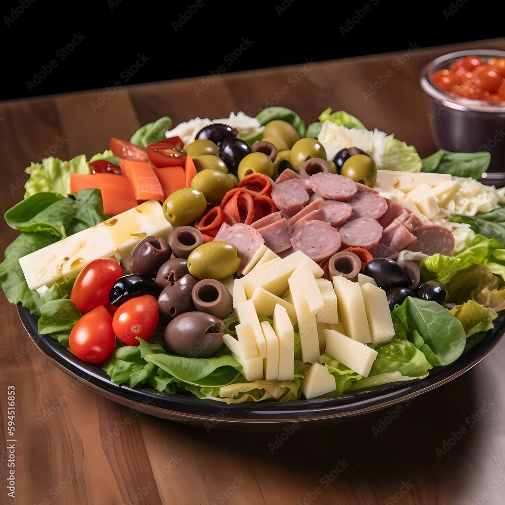 Antipasto salad with tomatoes, olives, salami, tomatoes, cheese, artichokes and basil. Antipasto salad with tomatoes, olives, salami, tomatoes, cheese, artichokes and basil.