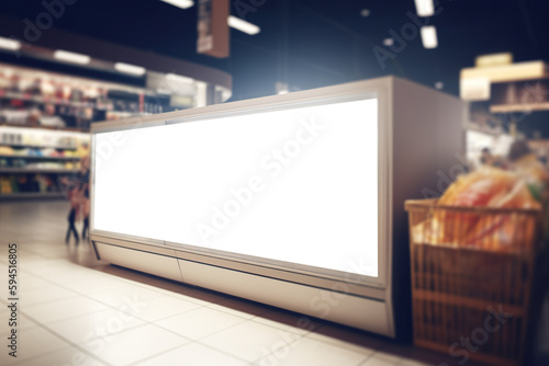 Blank white light box advertisement and supermarket blur background