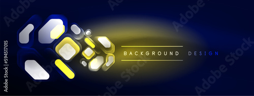 Glowing neon geometric elements abstract background. Neon light or laser show, electric impulse, power lines, techno quantum energy impulse, magic glowing dynamic lines