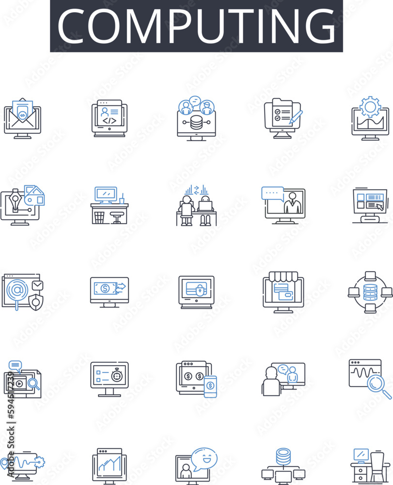 Computing line icons collection. Information Technology, Internet Nerking, Digital Connectivity, Data Management, Information Systems, Cyber Security, Web Development vector and linear illustration