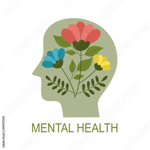 Mental health concept vector illustration. Flowers in human head.
