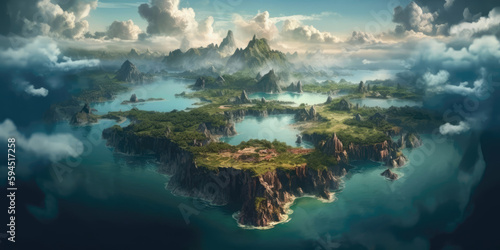 Beautiful natural sea  sky and island scenery in a fantasy world  AI generated