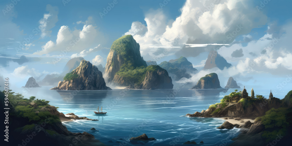 Beautiful natural sea, sky and island scenery in a fantasy world, AI generated