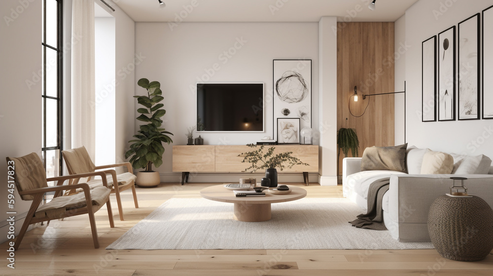 a minimalist living room with a neutral color, generative ai