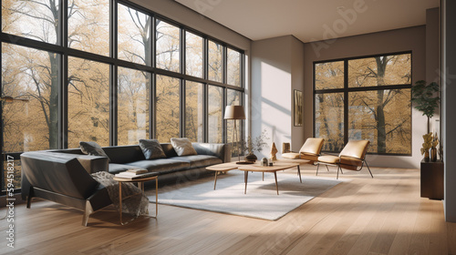 a minimalist living room with large window, generative ai © Boinah