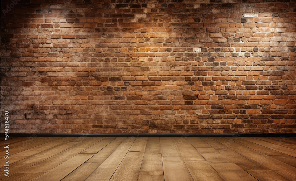 Old grunge brown horizontal brick wall background in a room with wooden floor, Generative AI Old grunge brown horizontal brick wall background in a room with wooden floor, Generative AI