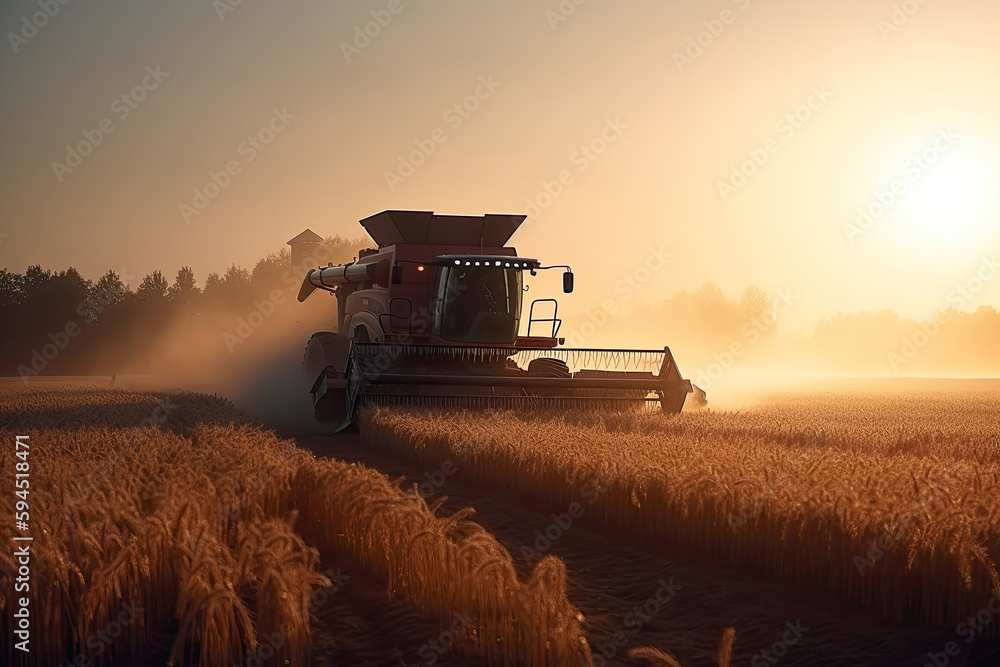 Fototapeta premium Combine harvester working on a wheat field, sunrise, Generative AI