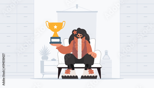 Young lady holding the winner's holder. Trendy style, Vector Illustration