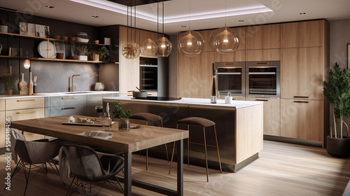a modern kitchen with a mix of natural wood, generative ai © Boinah