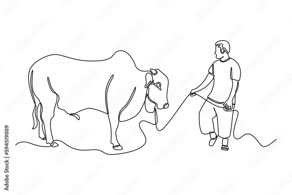Single one line drawing happy muslim boy bring a cow for sacrifice. Happy Eid Al Adha concept. Continuous line draw design graphic vector illustration.