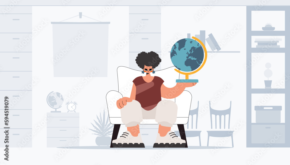 Excited lady holding a colossal globe, learning subject. Trendy style, Vector Illustration Excited lady holding a colossal globe, learning subject. Trendy style, Vector Illustration