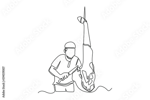 Single one line drawing slaughter sacrifices. Happy Eid Al Adha concept. Continuous line draw design graphic vector illustration.