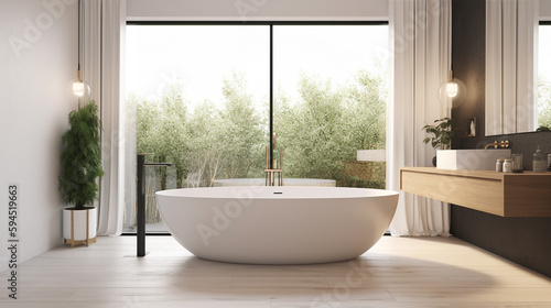 A modern minimalist bathroom with a freestanding tub  generative ai