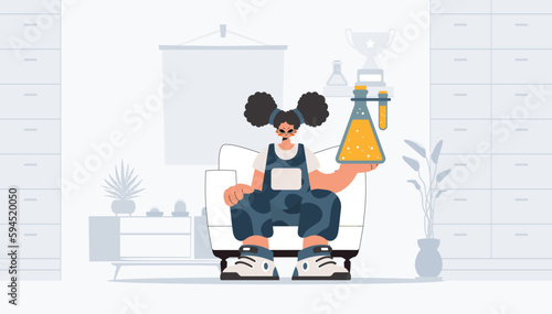 Lively woman holding chemical carafe, learning point. Trendy style, Vector Illustration