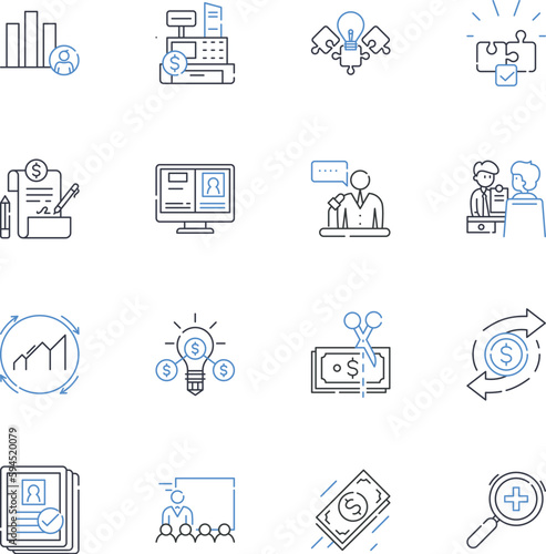 Sales assessment line icons collection. Salesmanship, Evaluation, Performance, Competency, Proficiency, Target, Success vector and linear illustration. Metrics,Forecasting,Revenue outline signs set