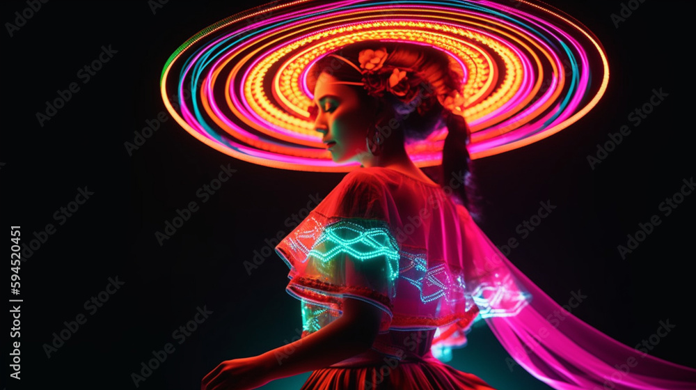 Fabulous Cinco de Mayo female dancer in neon light. Beautiful female model in traditional costume and sombrero dancing.