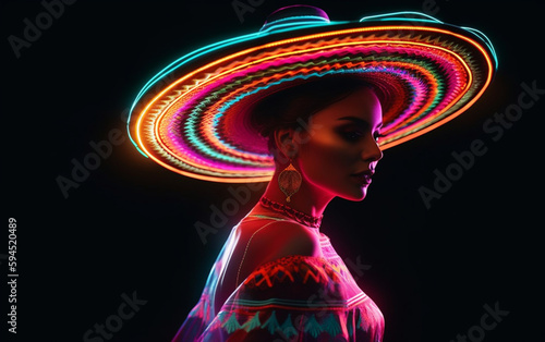 Fabulous Cinco de Mayo female dancer in neon light. Beautiful female model in traditional costume and sombrero dancing. photo