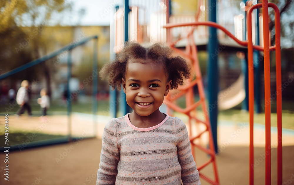 Black dark-skinned african american cute happy smiling girl outdoors at playground. Generative AI Black dark-skinned african american cute happy smiling girl outdoors at playground. Generative AI