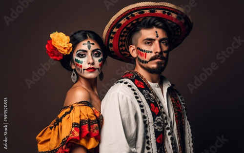 mexican couple in traditional clothes with painted faces, Mexican holiday of the dead and Halloween, Cinco de Mayo Colorful Mexicans culture