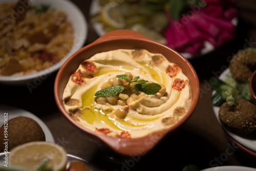 Obraz na plátně Hummus served with plenty of olive oil and a sprig of mint, Syrian style