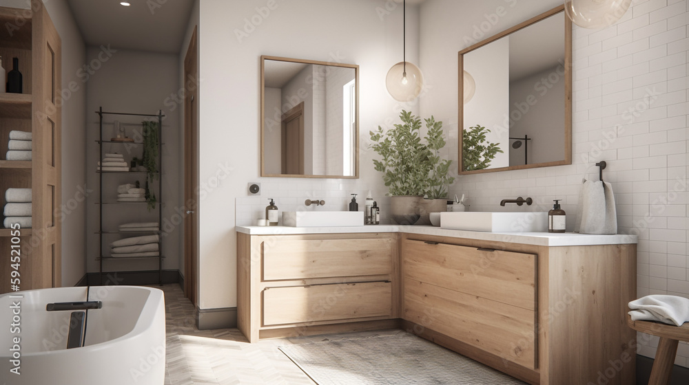 A simple elegant bathroom with a neutral color scheme, generative ai - obrazy, fototapety, plakaty 