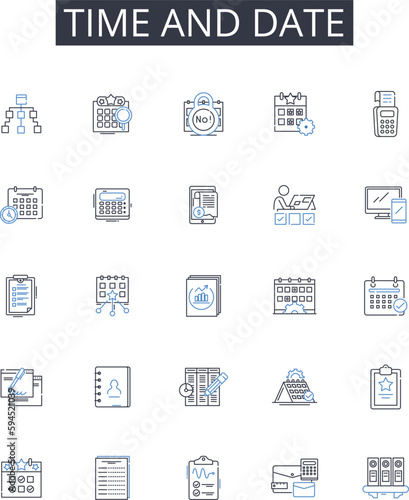 Time and date line icons collection. Duration, Length, Interval, Period, Age, Moment, Hour vector and linear illustration. Minute,Second,Calendar outline signs set