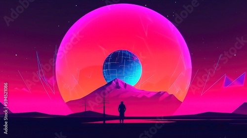 Futuristic fantasy landscape sci-fi landscape with_planet illustration . Generative AI