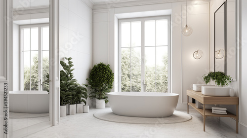A simple elegant bathroom with a white color scheme  generative ai