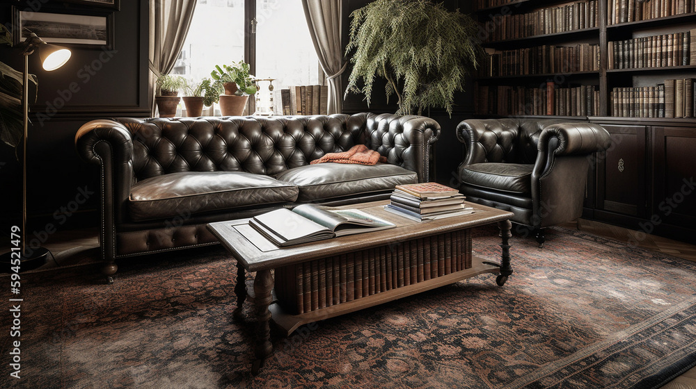 A sophisticated vintage living room with tufted leather, generative ai