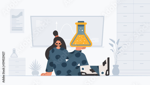 Unending woman holding chemical carafe, learning point. Trendy style, Vector Illustration