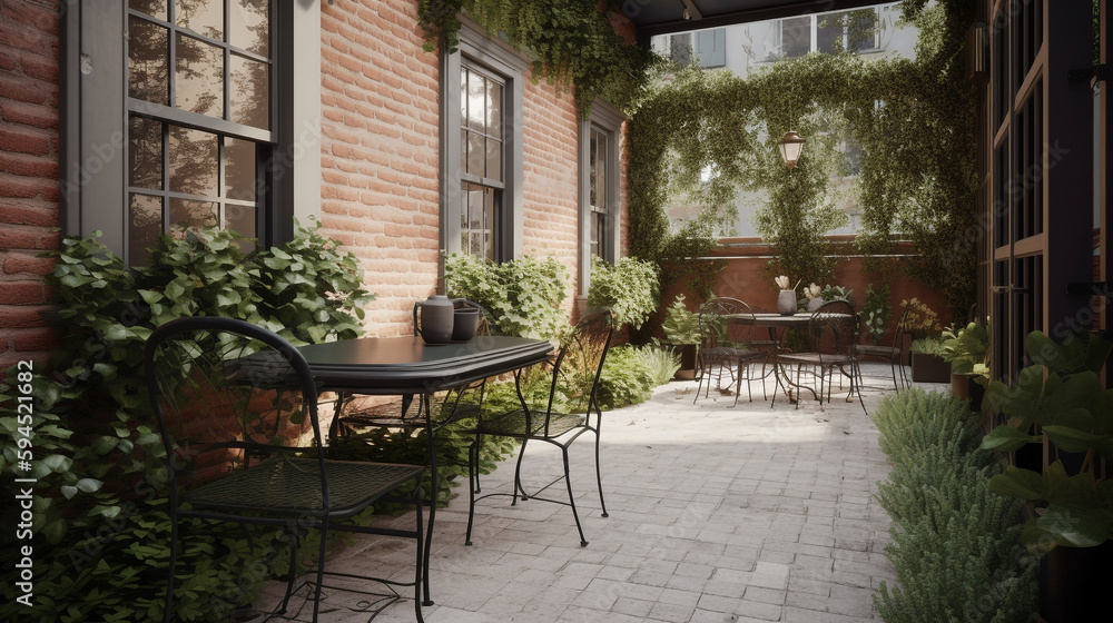 A traditional outdoor patio with classic wrought-iron furniture, generative ai