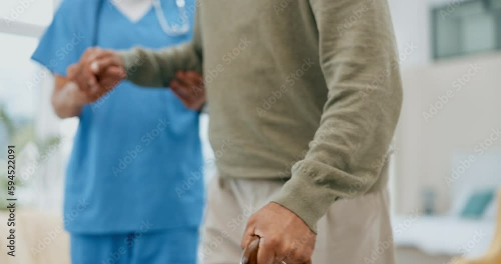 Walking stick, senior man and nurse holding hands for disability support, help or retirement nursing service. Elderly patient or person with caregiver for Parkinson, arthritis or mobility with doctor Walking stick, senior man and nurse holding hands for disability support, help or retirement nursing service. Elderly patient or person with caregiver for Parkinson, arthritis or mobility with doctor