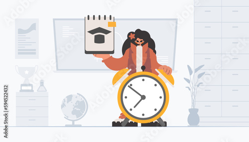 Energized woman with one of a kind and caution clock, learning subject. Trendy style, Vector Illustration