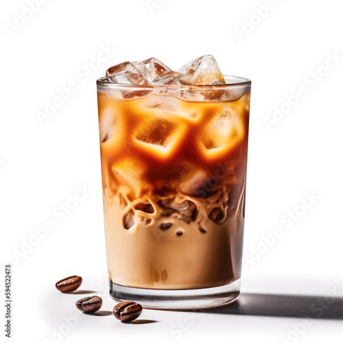 A beautifully captured shot of an iced latte on a white background, this photo highlights the smooth, creamy texture of the drink and the subtle, nuanced flavors that make it so irresistible. 