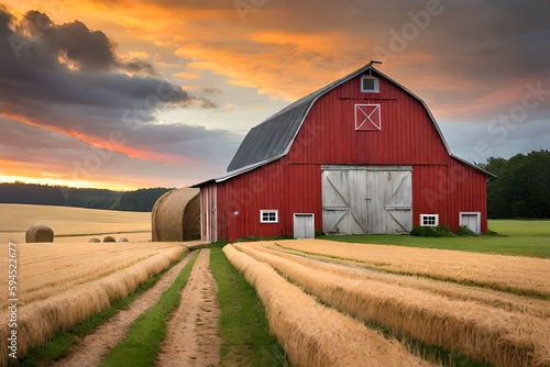 Foto red barn in the field
